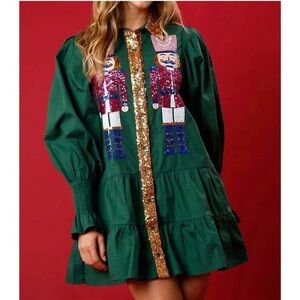 Fantastic Fawn Green Nutcracker Mini Dress with Sequins Accents Size Large